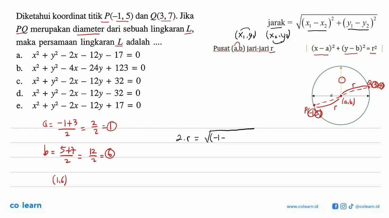 Diketahui koordinat titik P(-1,5) dan Q(3,7) . Jika P Q