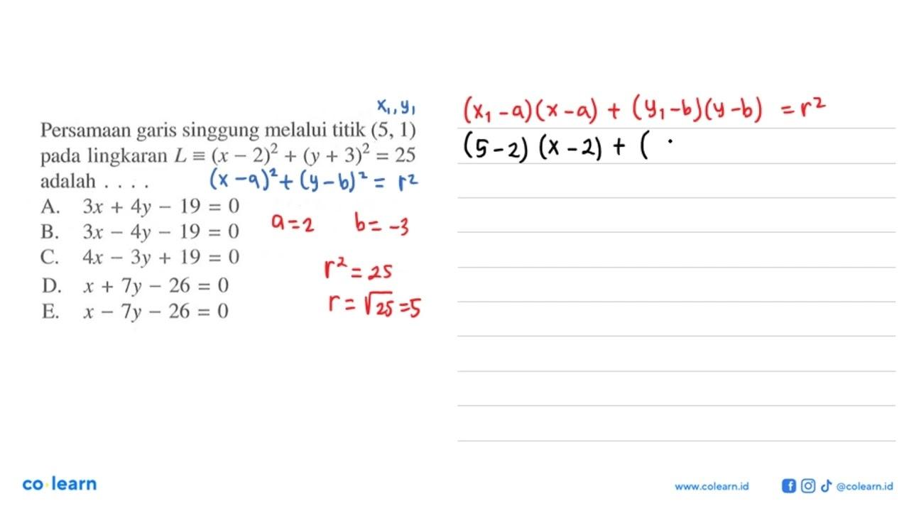 Persamaan garis singgung melalui titik (5,1) pada lingkaran