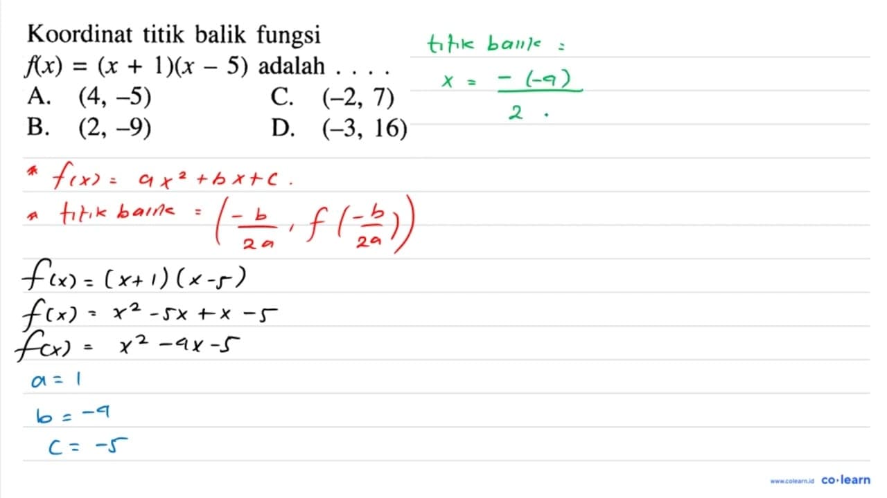 Koordinat titik balik fungsi f(x)=(x+1)(x-5) adalah ...