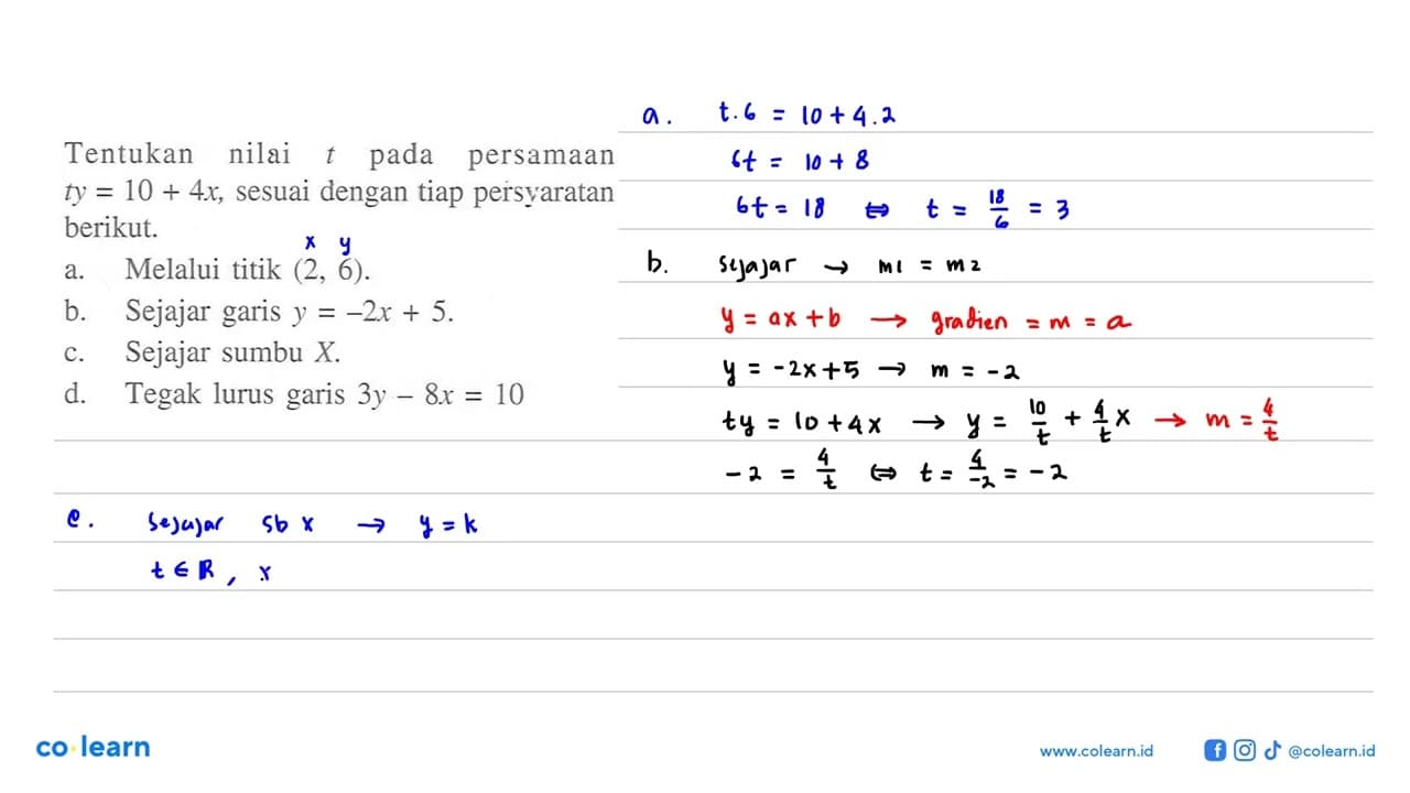 Tentukan nilai t pada persamaan ty = 10 + 4x, sesuai dengan