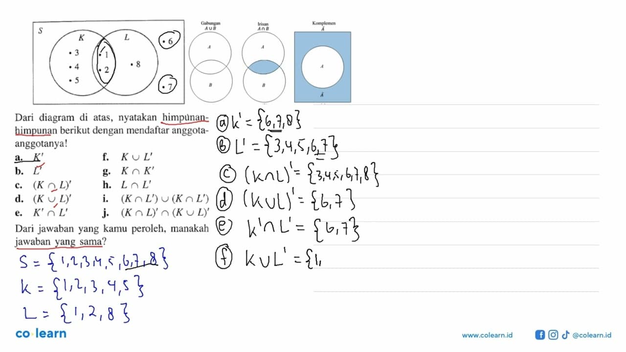 Dari diagram di atas, nyatakan himpunan- himpunan berikut