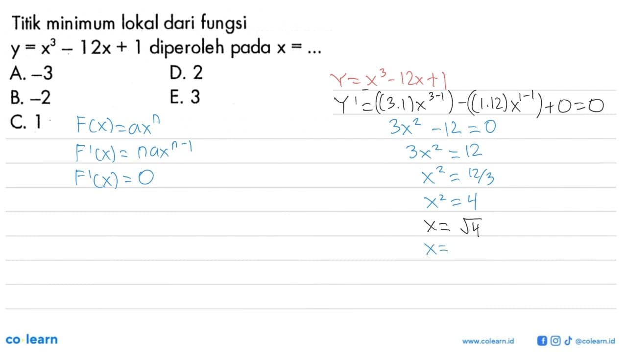 Titik minimum lokal dari fungsi y=x^3-12x+1 diperoleh pada