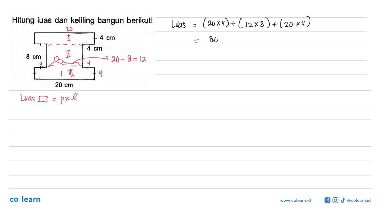 Hitung luas dan keliling bangun berikut! 8 cm, 20 cm, 4 cm