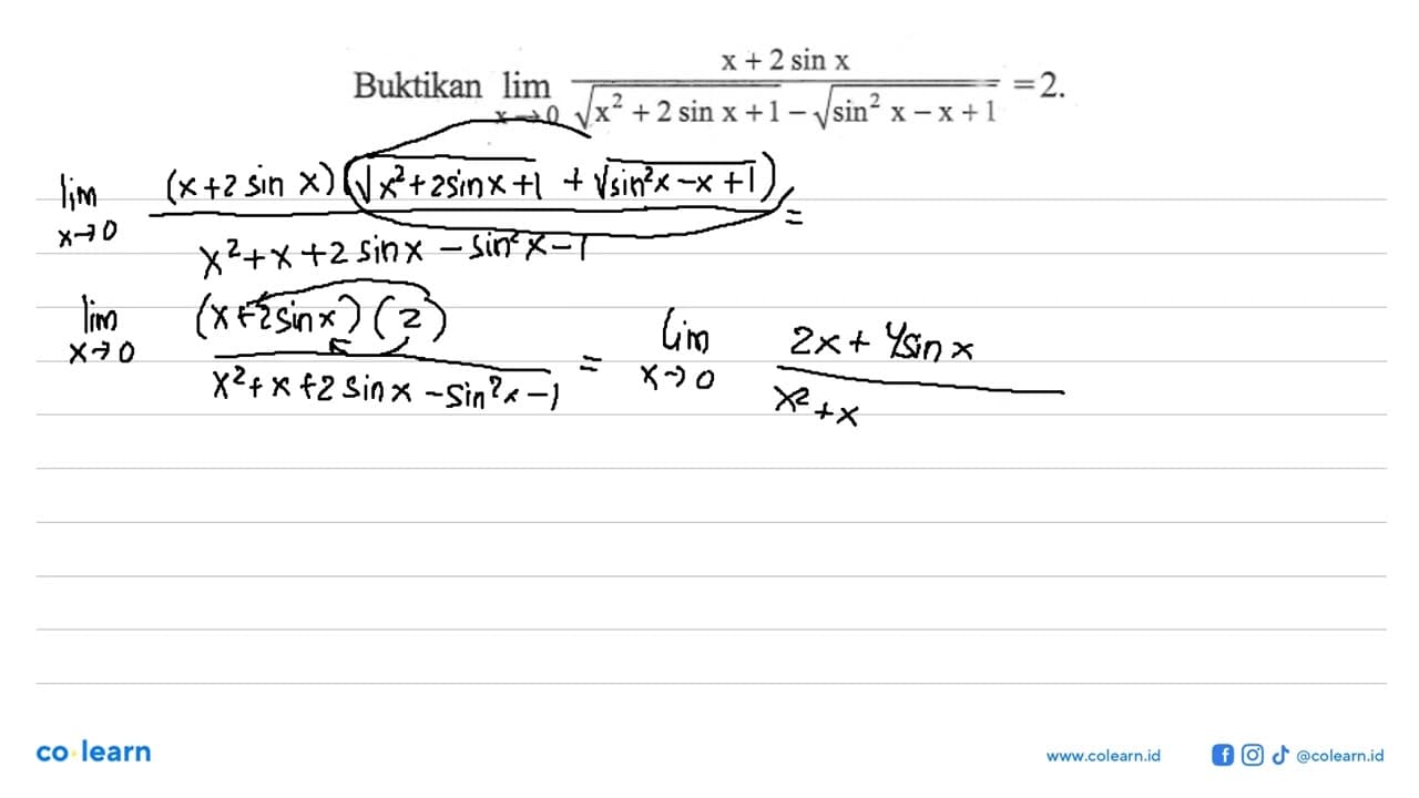 Buktikan limit x mendekati 0 (x+2 sin x)/(akar(x^2+2 sin