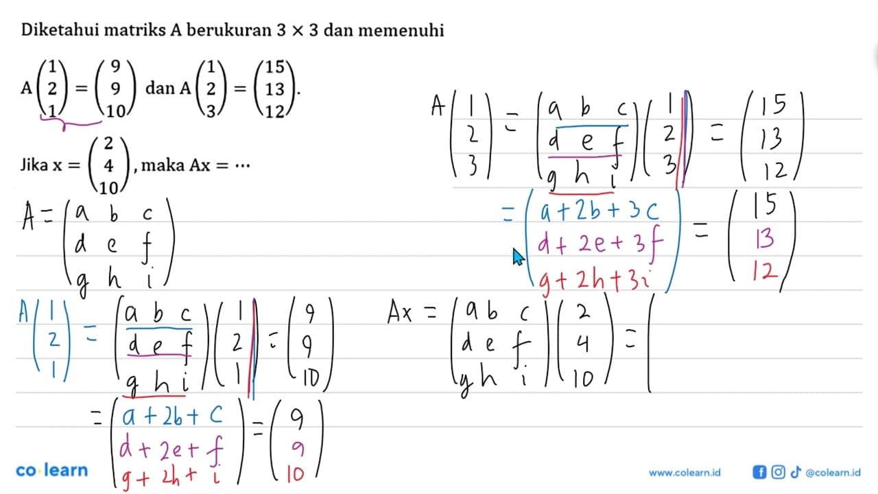 Diketahui matriks A berukuran 3x3 dan memenuhi A(1 2 1)=(9