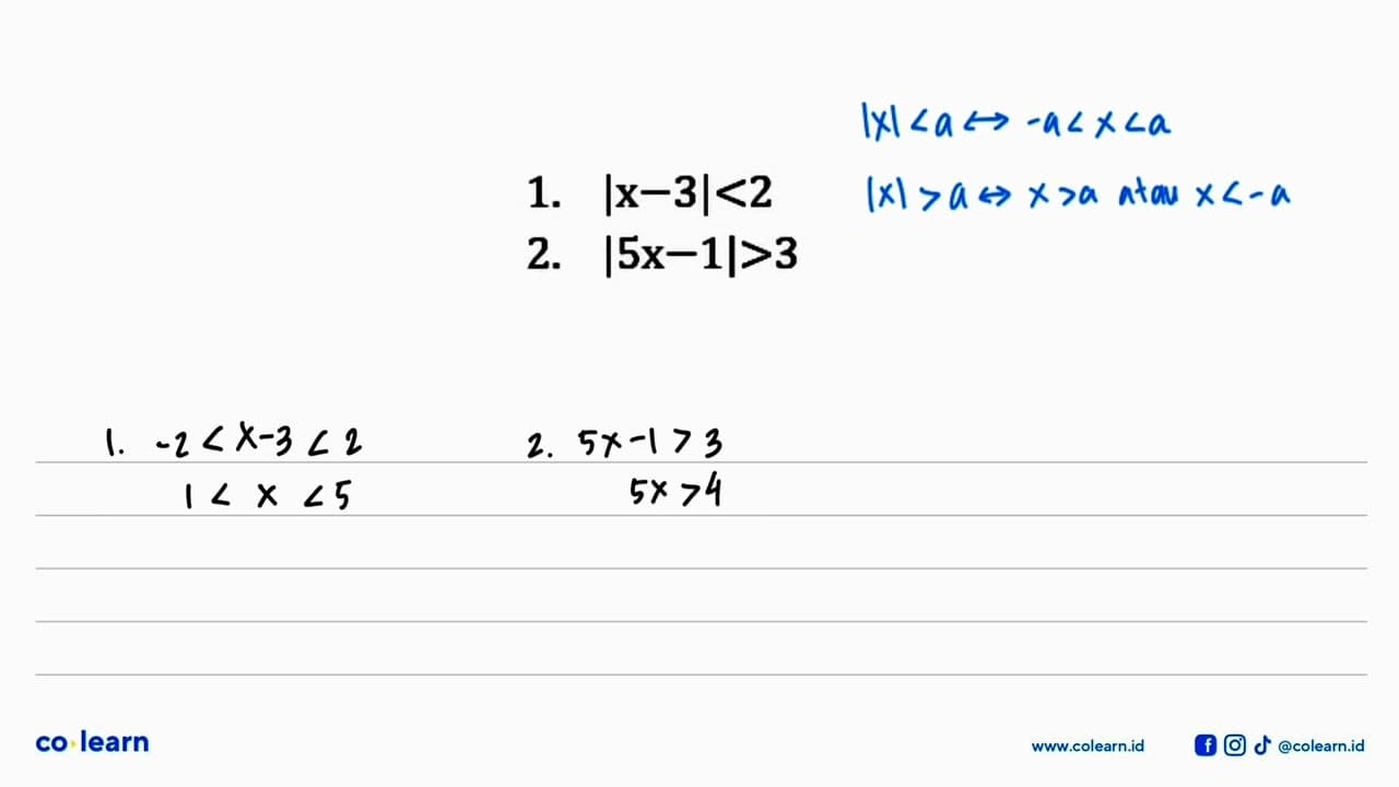 1. |x-3|<2 2. |5x-1|>3