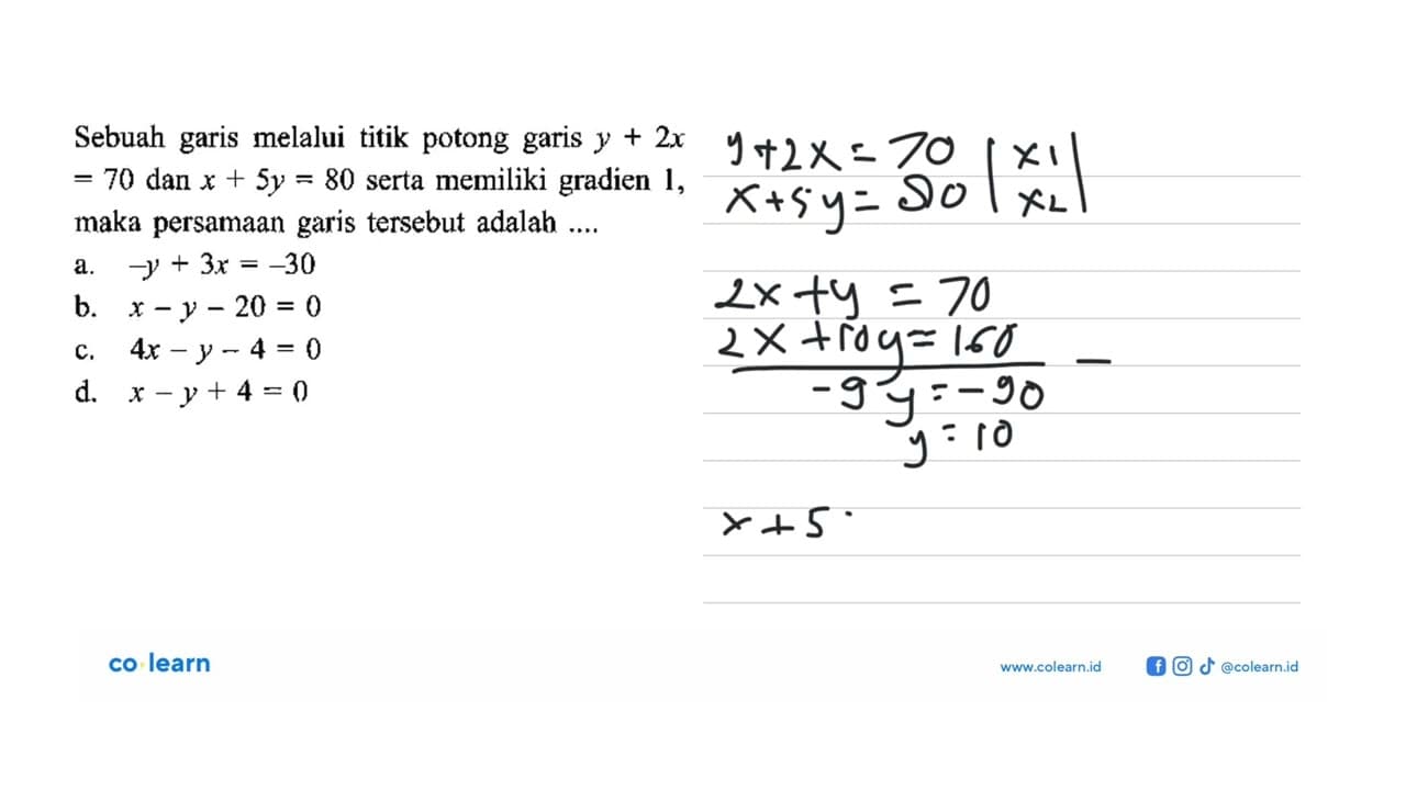 Sebuah garis melalui titik potong garis y + 2x = 70 dan x +