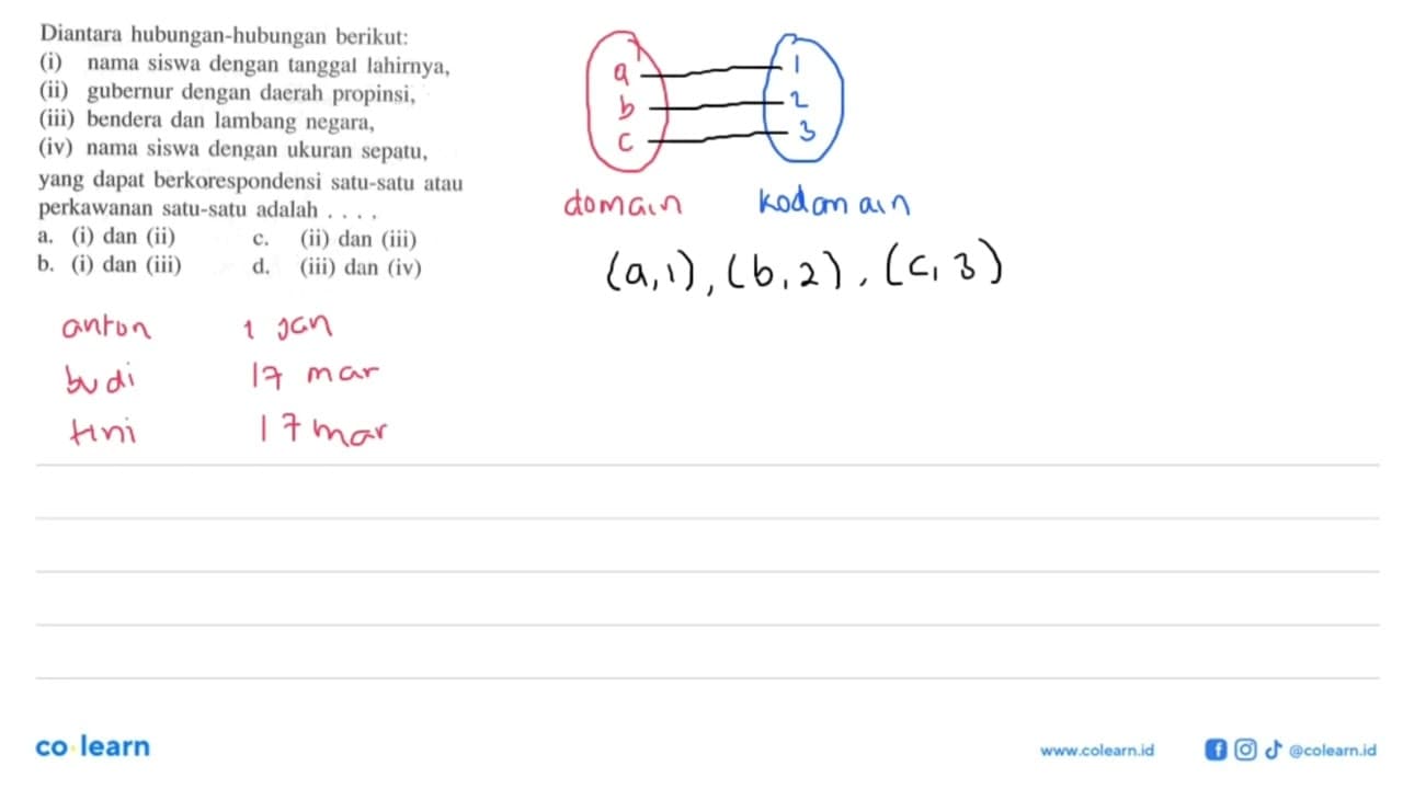 Diantara hubungan-hubungan berikut: (i) nama siswa dengan