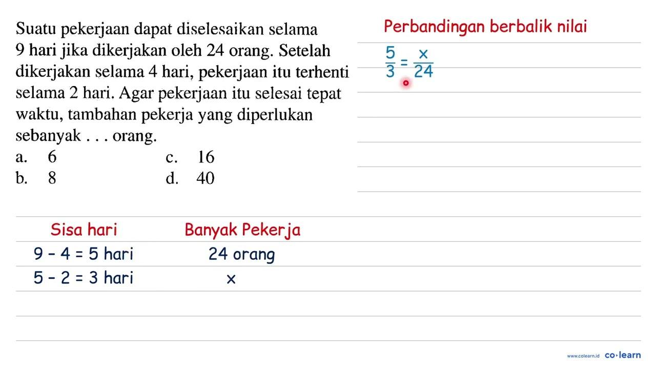 Suatu pekerjaan dapat diselesaikan selama 9 hari jika