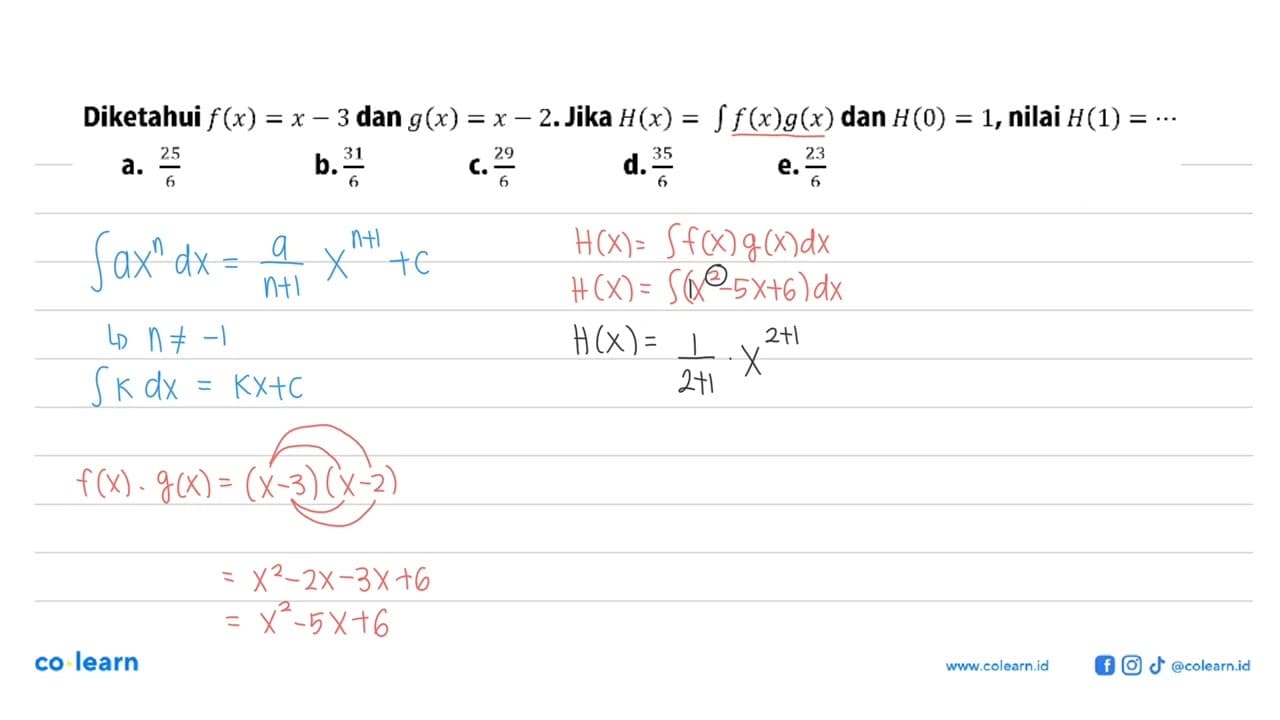 Diketahui f(x)=x-3 dan g(x)=x-2. Jika H(x)=integral