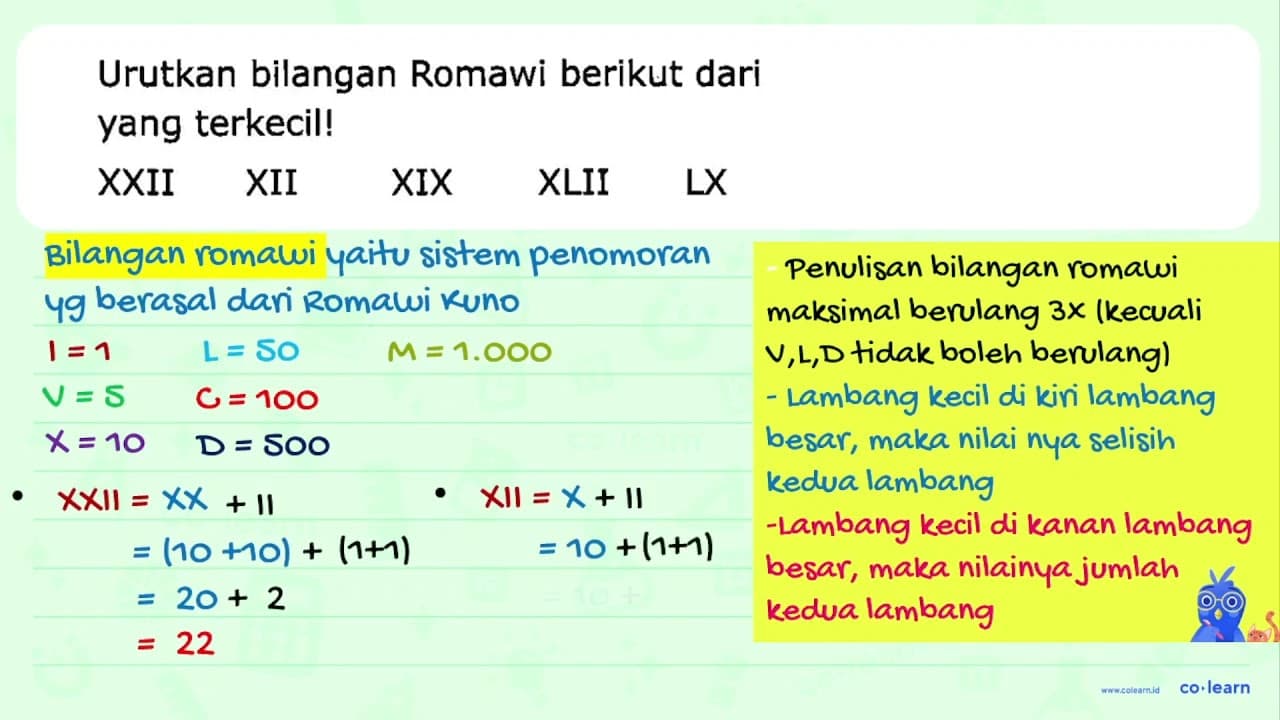 Urutkan bilangan Romawi berikut dari yang terkecil! XXII