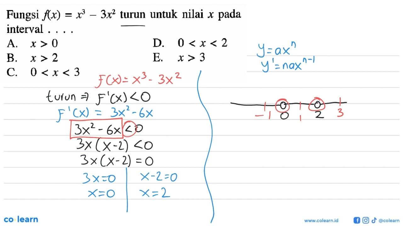 Fungsi f(x)=x^3-3x^2 turun untuk nilai x pada interval ....