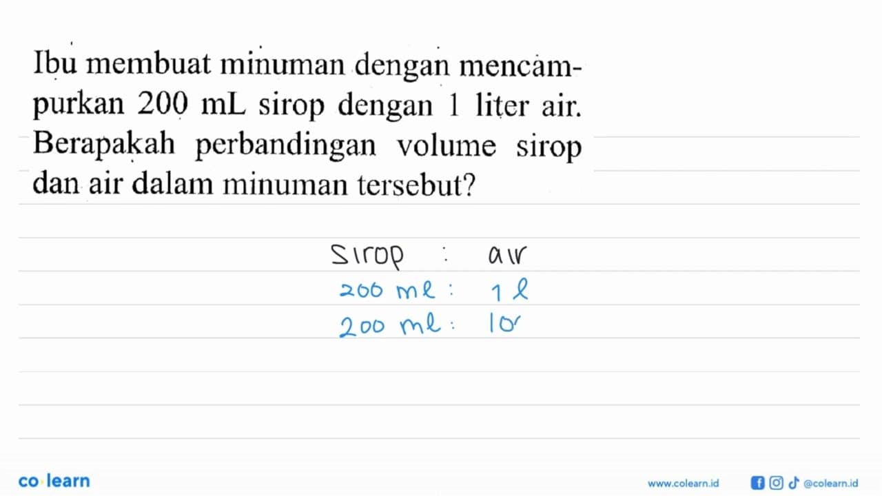 Ibu membuat minuman dengan mencampurkan 200 mL sirop dengan