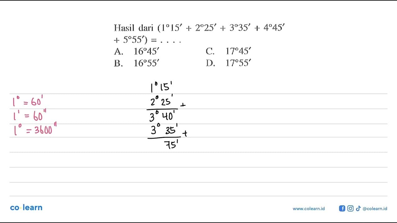 Hasil dari (1 15'+2 25'+3 35'+4 45'+5 55')= ...