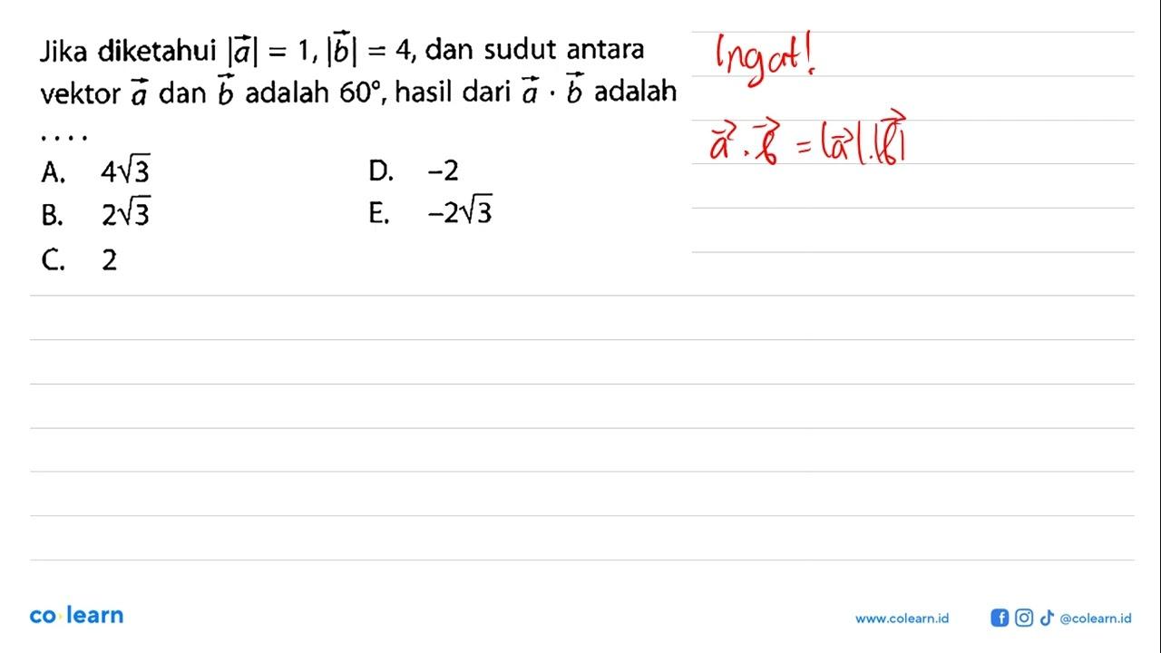 Jika diketahui |a| = 1, |b|= 4, dan sudut antara vektor a