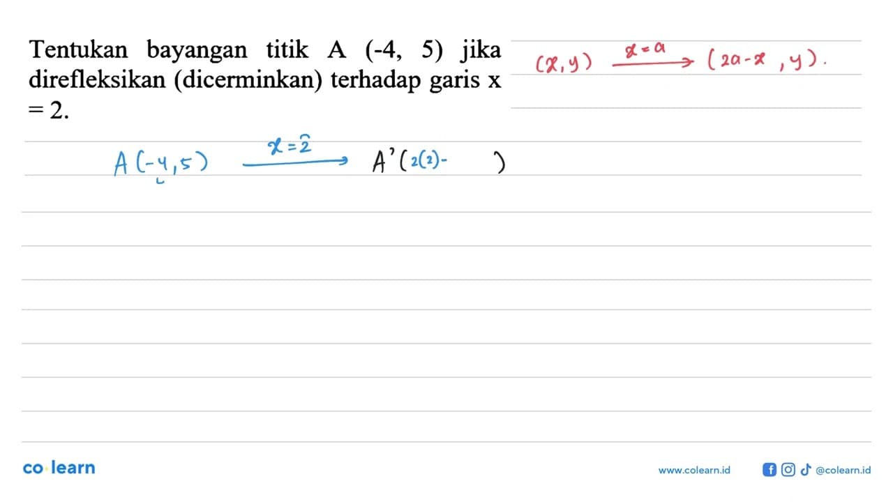 Tentukan bayangan titik A(-4,5) jika direfleksikan