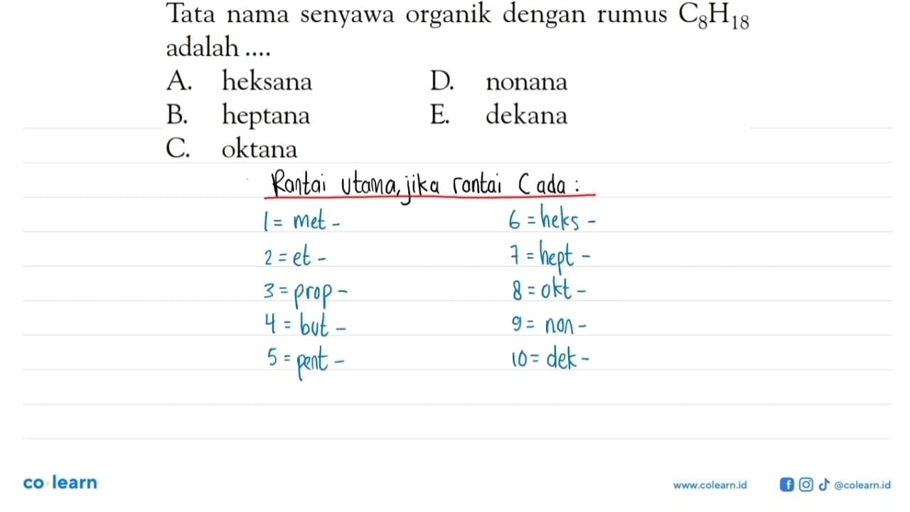 Tata nama senyawa organik dengan rumus C8H18 adalah....