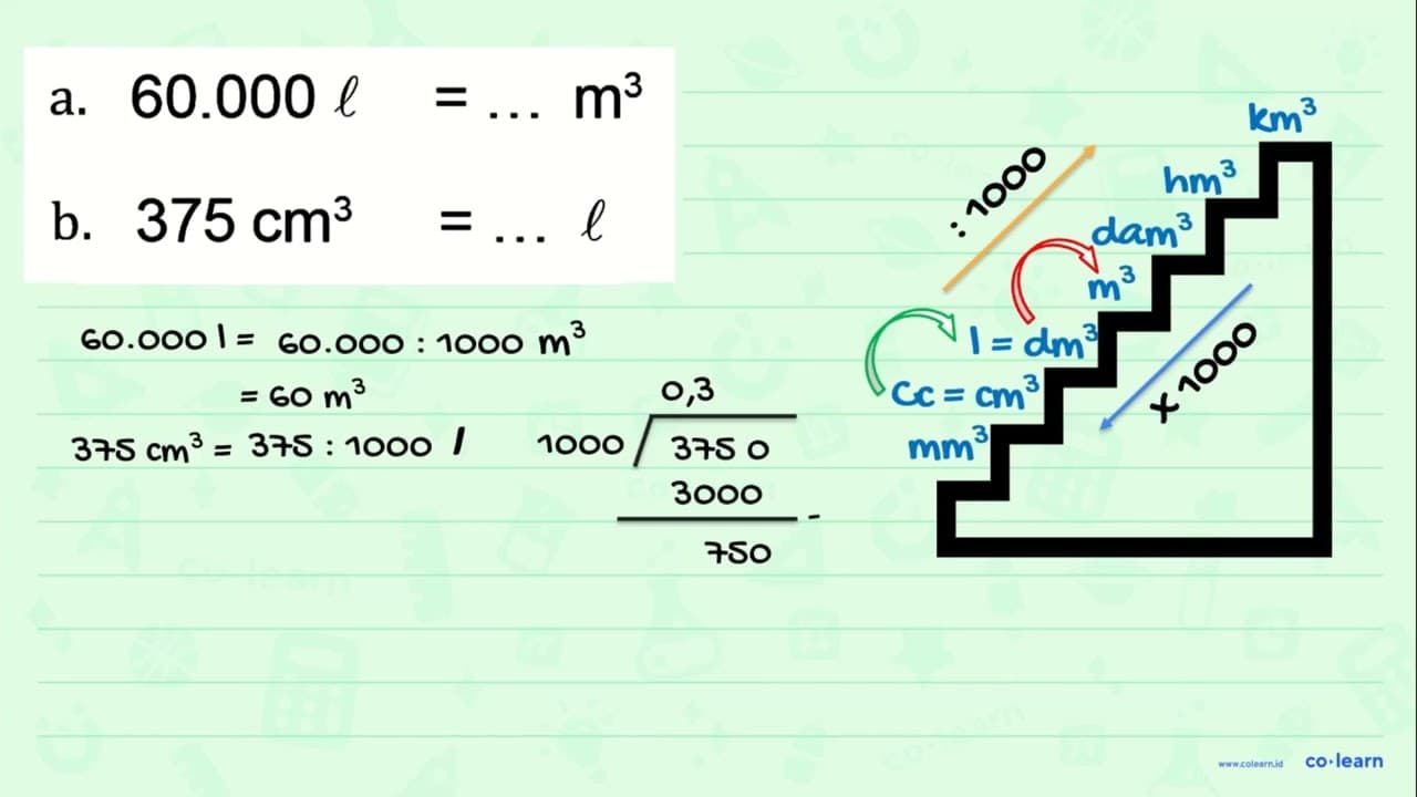 a. 60.000 l =.. m^3 b. 375 cm^3 = ...l