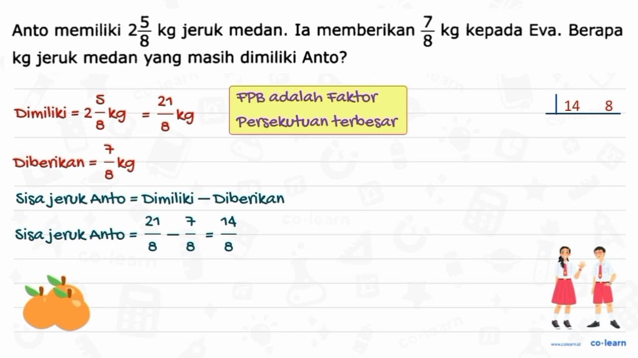 Anto memiliki 2 5/8 kg jeruk medan. Ia memberikan 7/8 kg