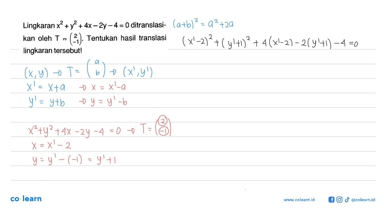 Lingkaran x^2+y^2+4x-2y-4=0 ditranslasikan oleh T=(2 -1).