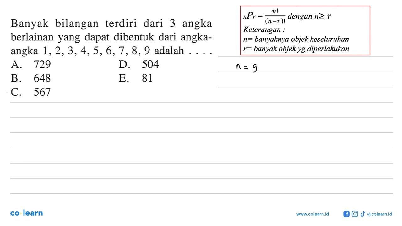 Banyak bilangan terdiri dari 3 angka berlainan yang dapat