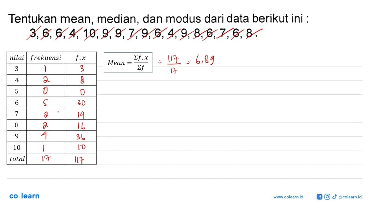 Tentukan mean, median, dan modus dari data berikut ini: