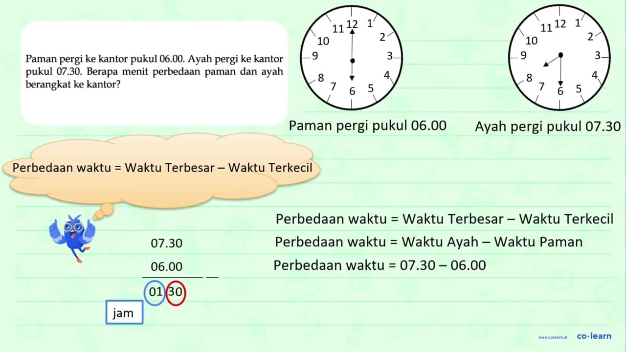 Paman pergi ke kantor pukul 06.00. Ayah pergi ke kantor