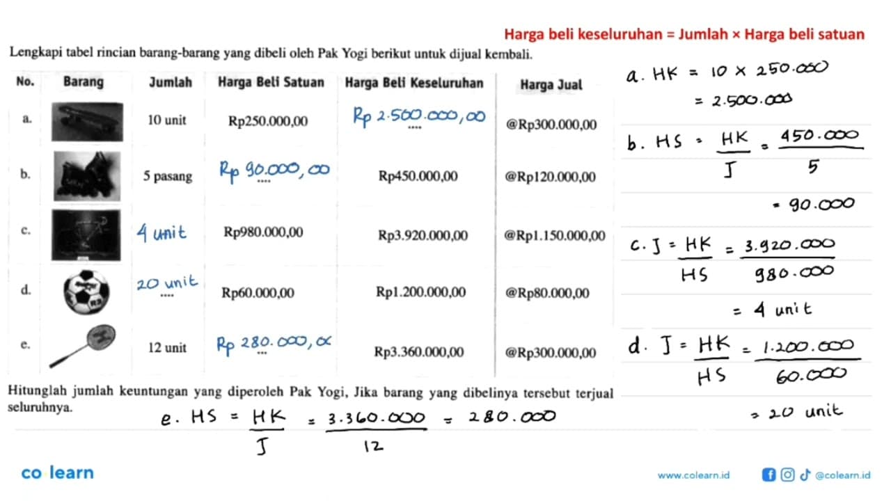 Lengkapi tabel rincian barang-barang yang dibeli oleh Pak