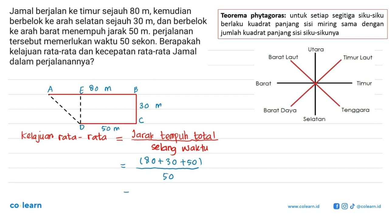 Jamal berjalan ke timur sejauh 80 m, kemudian berbelok ke