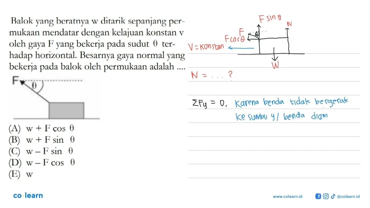 Balok yang beratnya w ditarik sepanjang permukaan mendatar