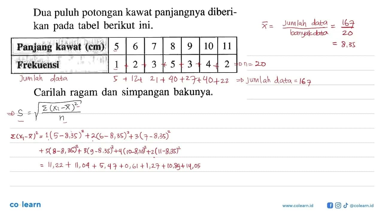 Dua puluh potongan kawat panjangnya diberikan pada tabel