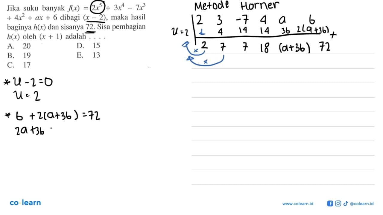 Jika suku banyak f(x)=2x^5+3x^4-7x^3+4x^2+ax+6 dibagi