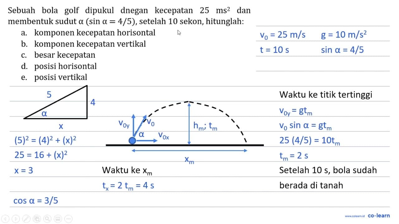 Sebuah bola golf dipukul dnegan kecepatan 25 ~ms^(2) dan