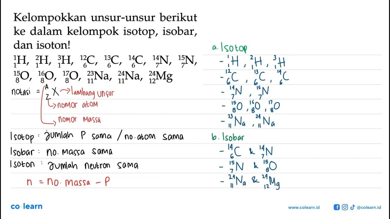 Kelompokkan unsur-unsur berikut ke dalam kelompok isotop,