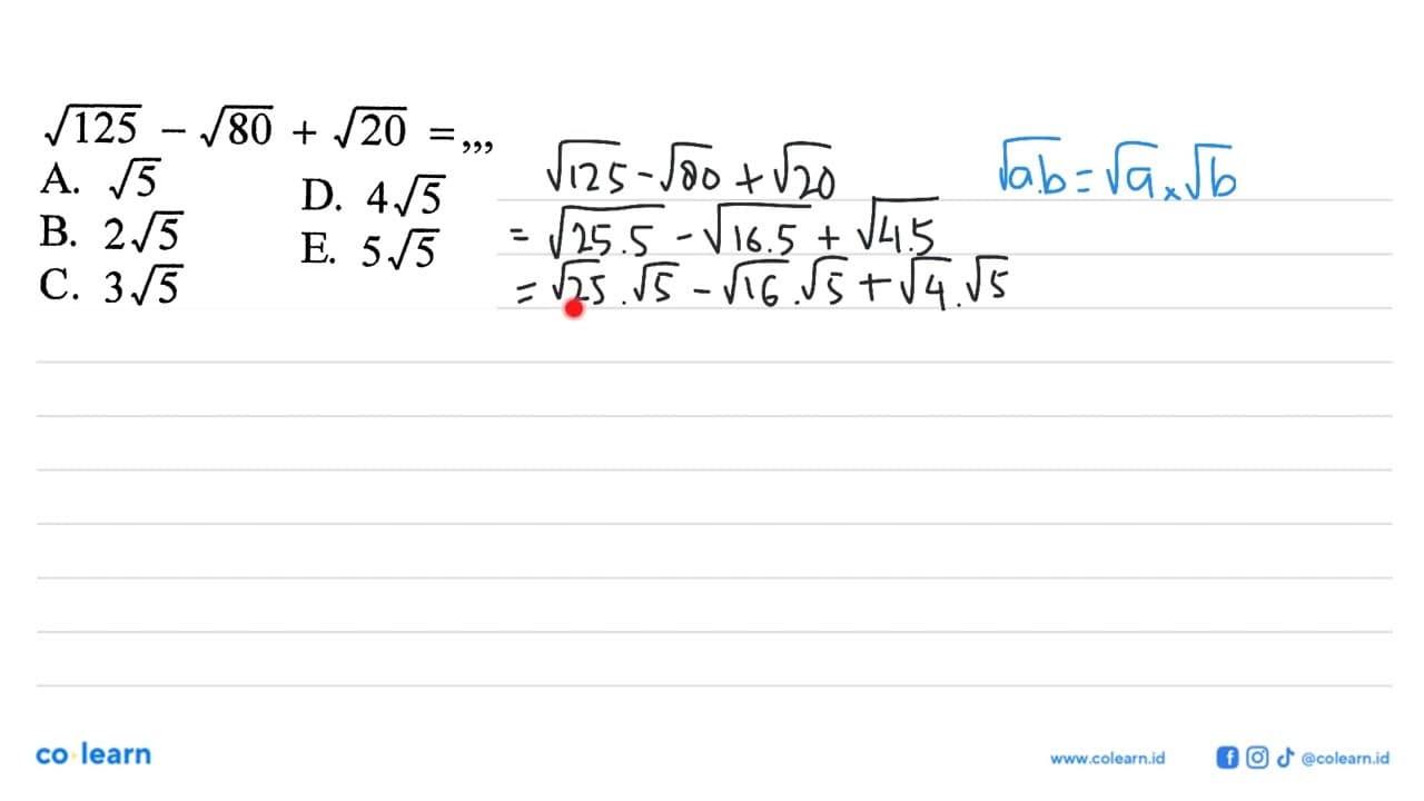 akar(125)-akar(80)+akar(20)=,,,