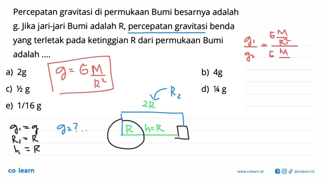 Percepatan gravitasi di permukaan Bumi besarnya adalah g.