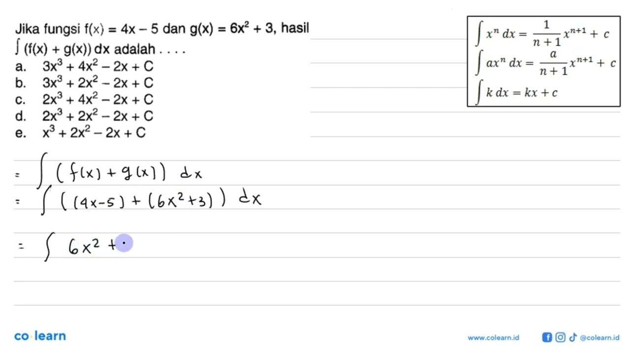 Jika fungsi f(x)=4 x-5 dan g(x)=6x^2+3, hasil