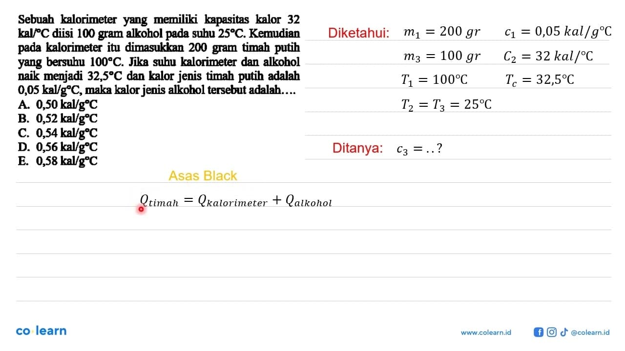 Sebuah kalorimeter yang memiliki kapasitas kalor 32 kal/ C