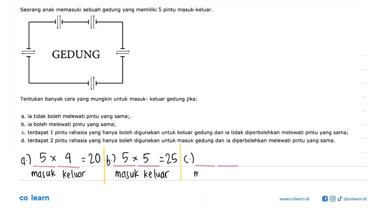 Seorang anak memasuki sebuah gedung yang memiliki 5 pintu