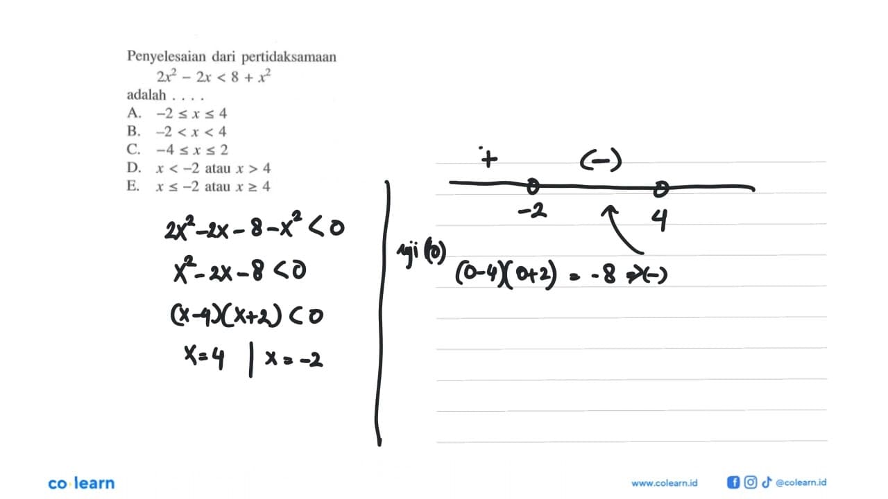 Penyelesaian dari pertidaksamaan 2x^2-2x<8+x^2 adalah . . .