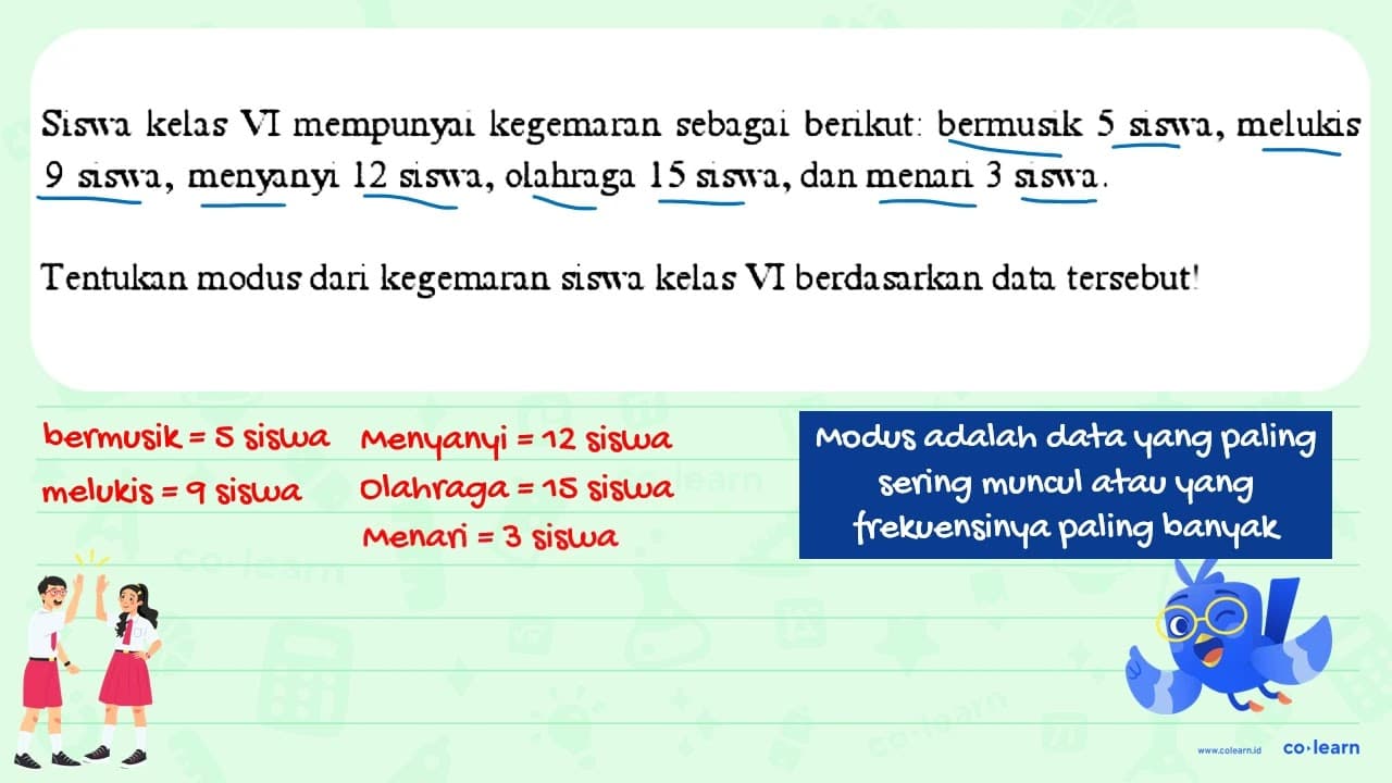 Sistra kelas VI mempunyai kegemaran sebagai berikut: