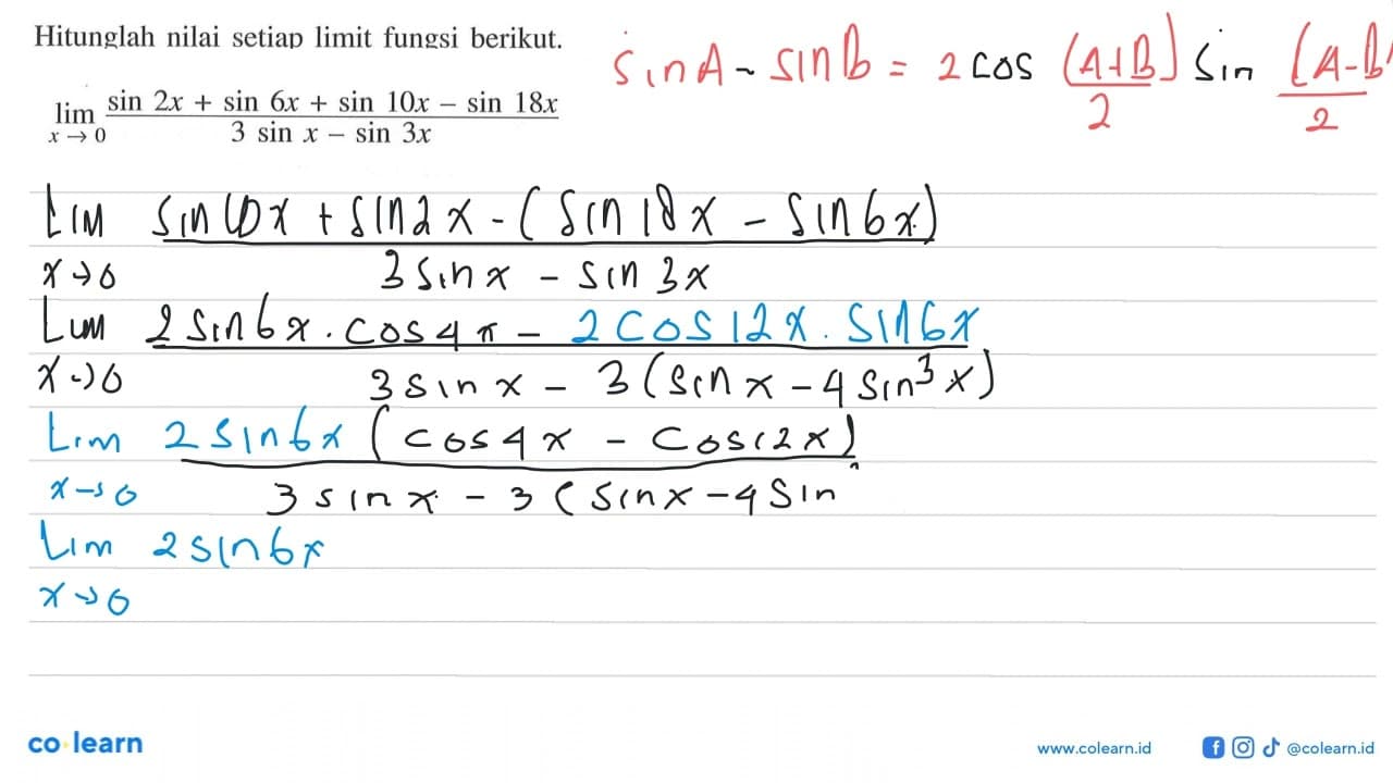 Hitunglah nilai setiap limit fungsi berikut. lim x->0 (sin