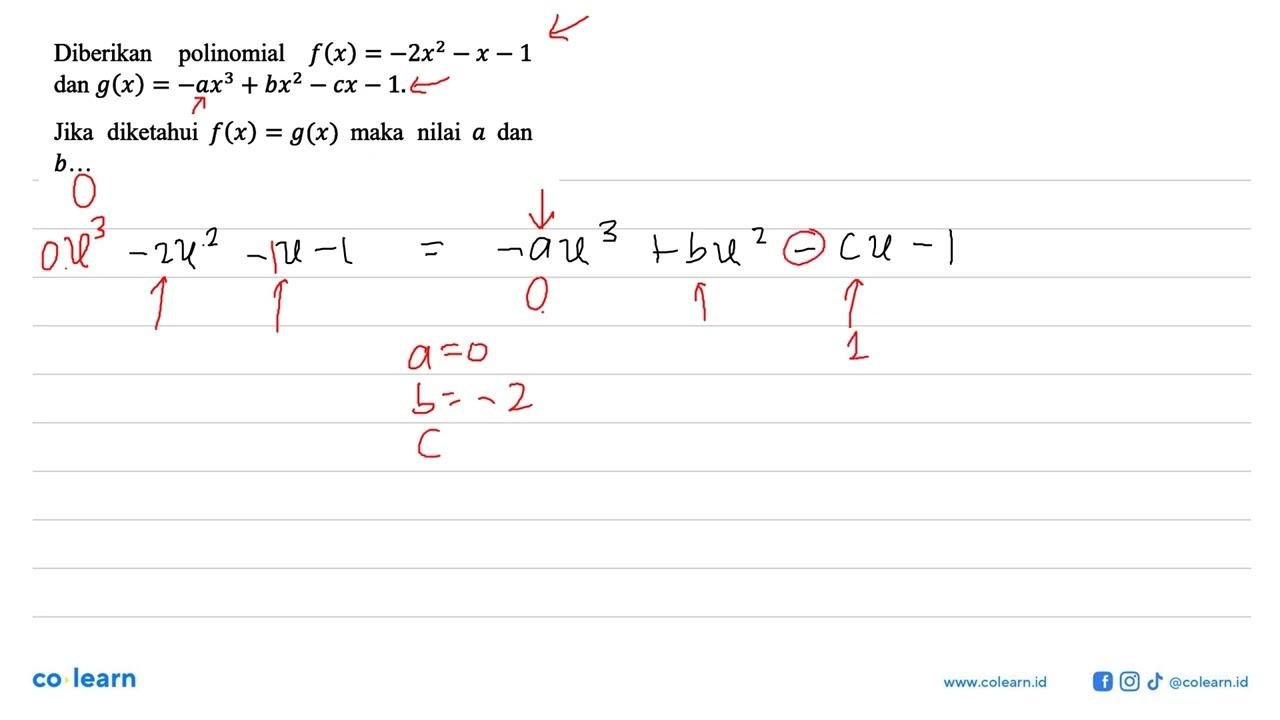 Diketahui polinomial f(x) = -2x^2 - x -1 dan g(x) = -ax^3 +