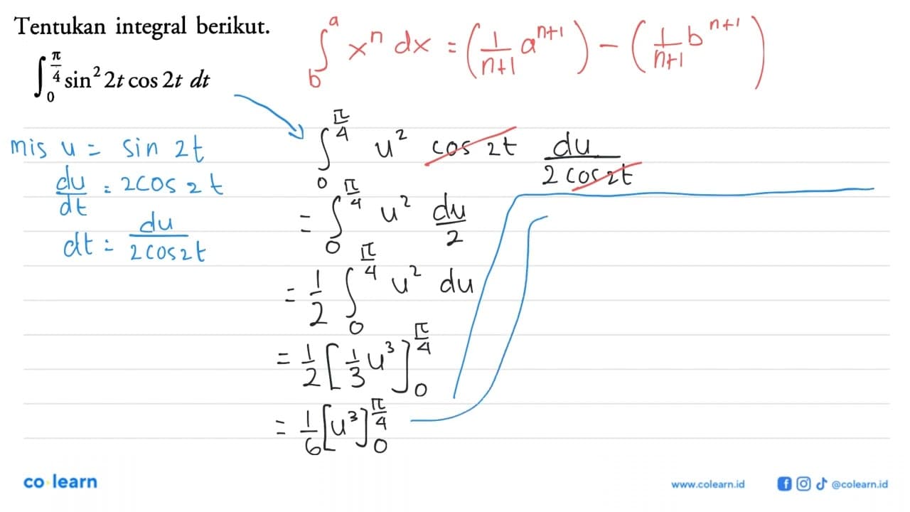 Tentukan integral berikut. integral 0 pi/4 sin^2 2t cos 2t