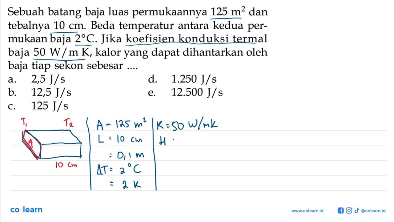 Sebuah batang baja luas permukaannya 125 m^2 dan tebalnya