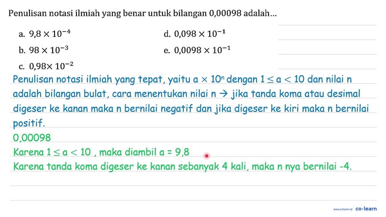 Penulisan notasi ilmiah yang benar untuk bilangan 0,00098