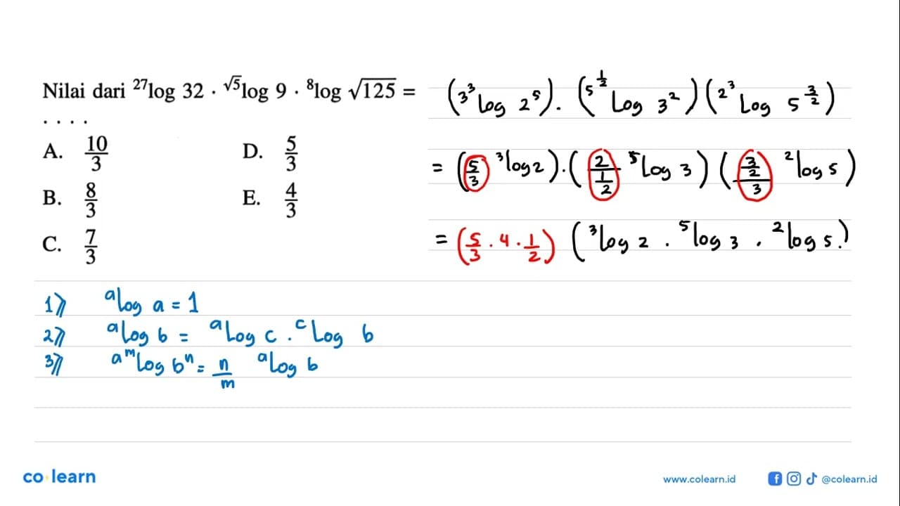 Nilai dari 27log32.(akar(5))log9.8log(akar(125))= ...