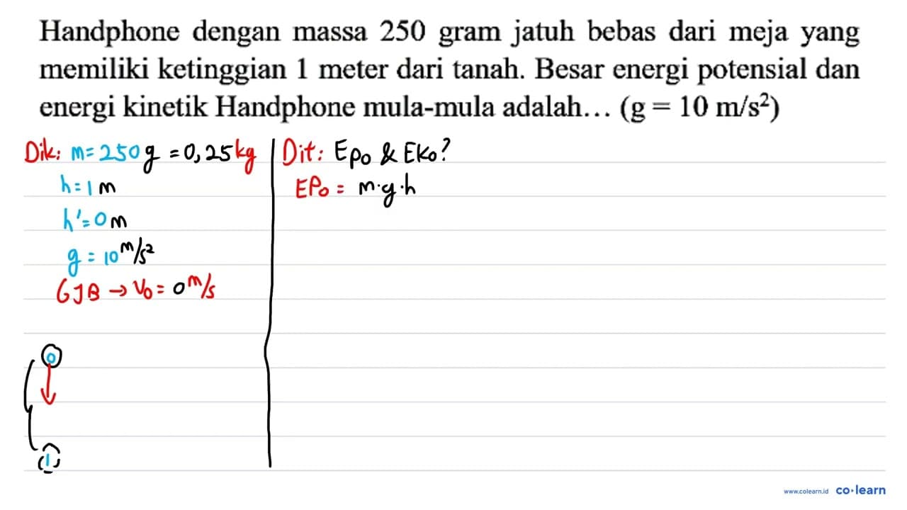 Handphone dengan massa 250 gram jatuh bebas dari meja yang