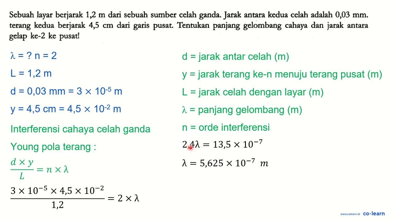 Sebuah layar berjarak 1,2 m dari sebuah sumber celah ganda.