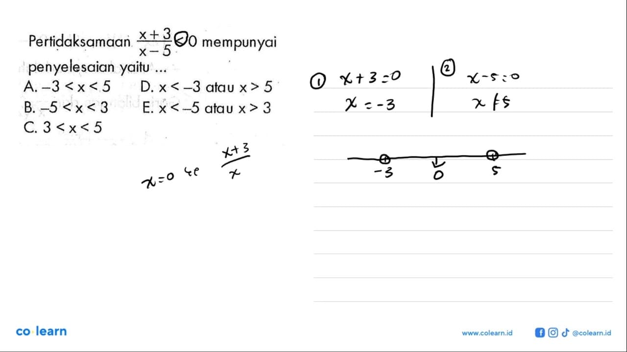 Pertidaksamaan (x+3)/(x-5)<0 mempunyai penyelesaian yaitu